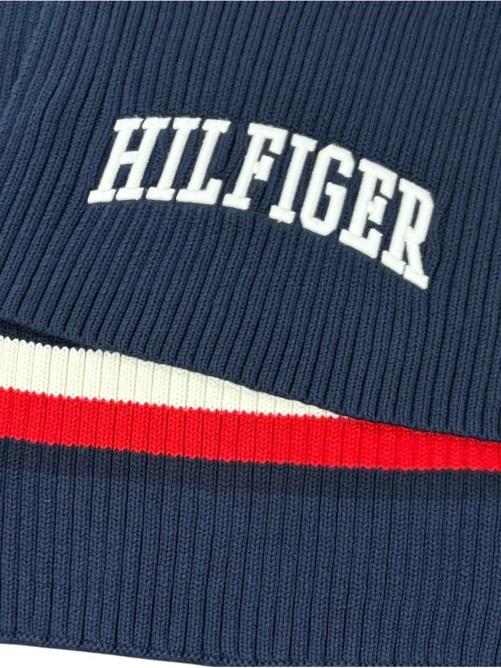 Tommy Hilfiger 90s Vintage Scarf Navy Ribbed Knit Preppy Embroidered Logo